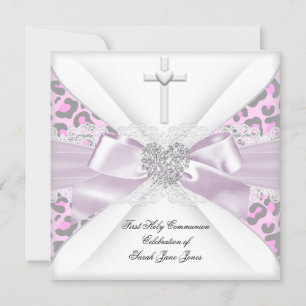 Girl First Holy Communion Pink White Grey Leopard Einladung