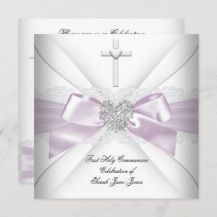 Girl First Holy Communion Pink White Silver Heart Einladung
