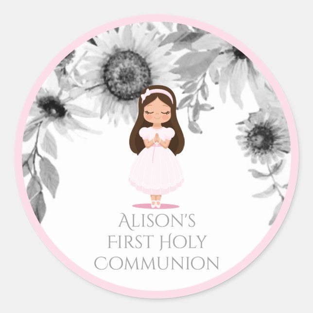 Girl First Holy Communion Rosa Blume Runder Aufkleber (Vorderseite)
