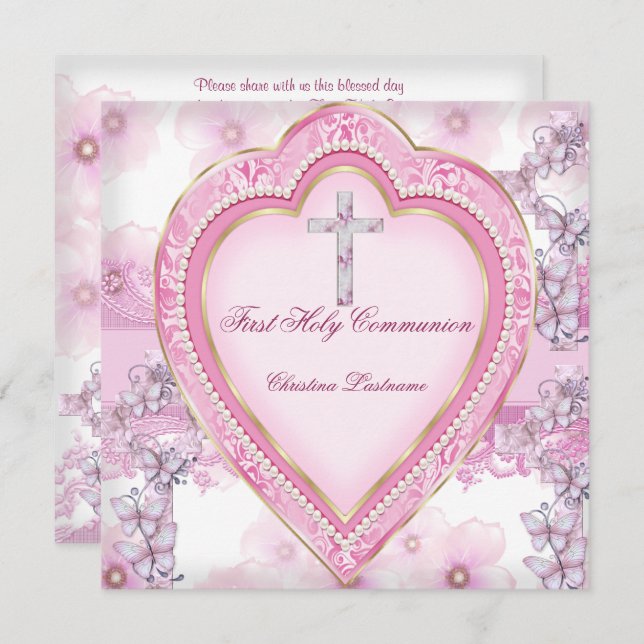 Girl First Holy Communion Rosa Herz Einladung (Vorne/Hinten)