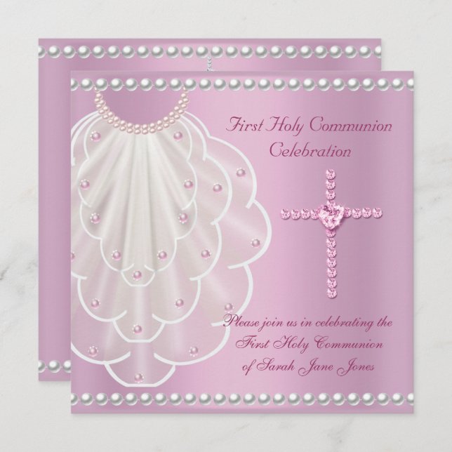 Girl First Holy Communion Rosa Veil Pink Pearl Einladung (Vorne/Hinten)