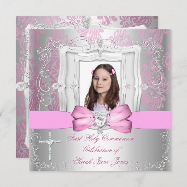 Girl First Holy Communion Silver Pink Foto Einladung (Vorne/Hinten)