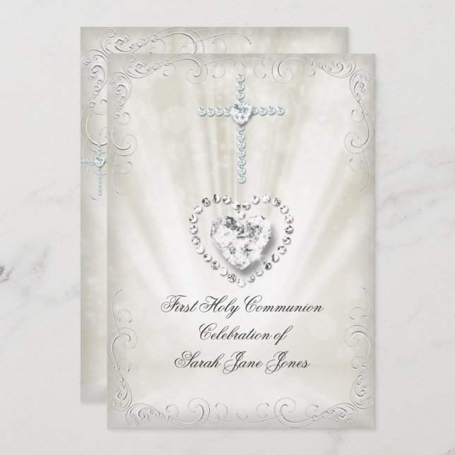 Girl First Holy Communion White Beige Himmlisch 2 Einladung (Vorne/Hinten)