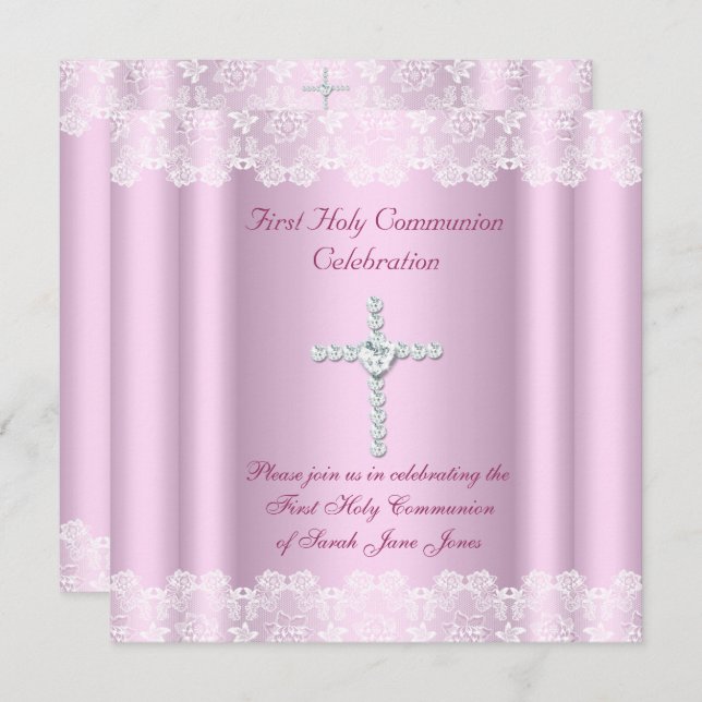 Girl First Holy Communion White Lace Pink Cross Einladung (Vorne/Hinten)