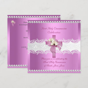 Girl First Holy Communion White Lace Pink Pearl Einladung
