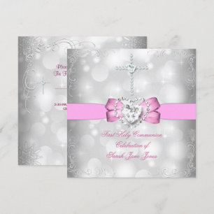 Girl First Holy Communion White Pink Einladung