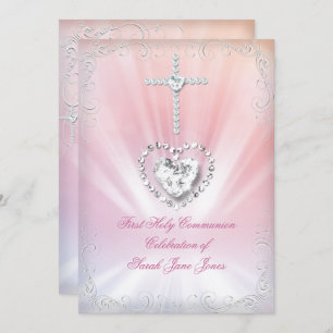 Girl First Holy Communion White Pink Himmlisch 2 Einladung