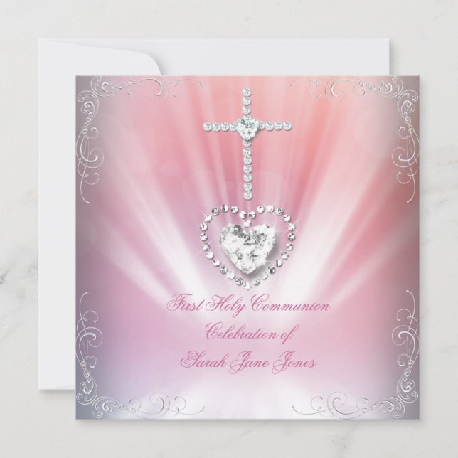 Girl First Holy Communion White Pink Himmlisch Einladung (Vorderseite)