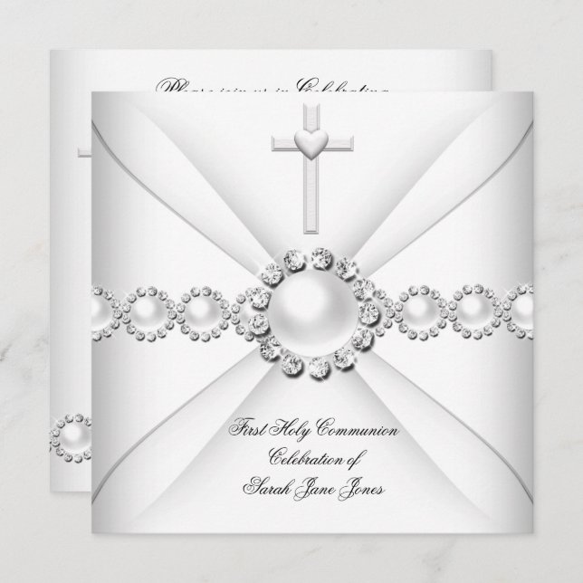 Girl First Holy Communion White Silver 2 Einladung (Vorne/Hinten)