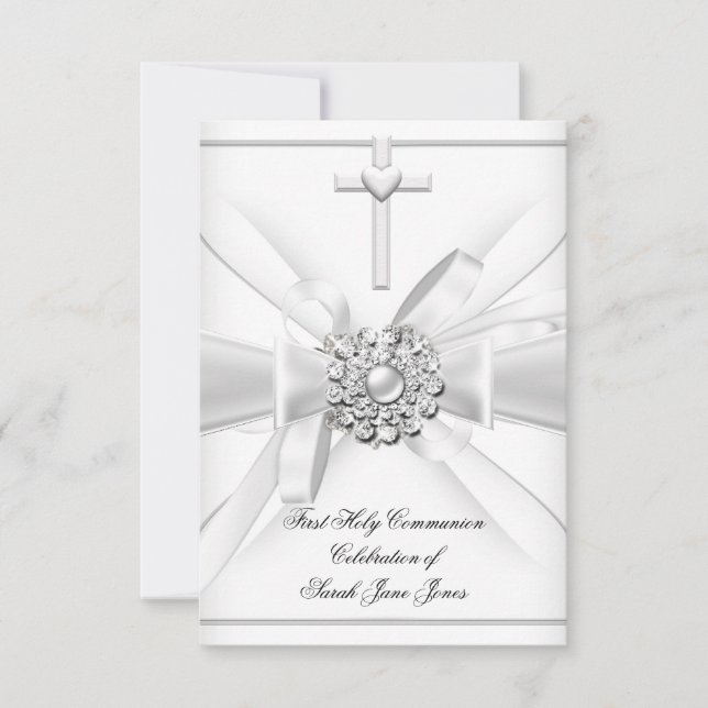 Girl First Holy Communion White Silver Cross Einladung (Vorderseite)
