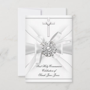 Girl First Holy Communion White Silver Cross Einladung