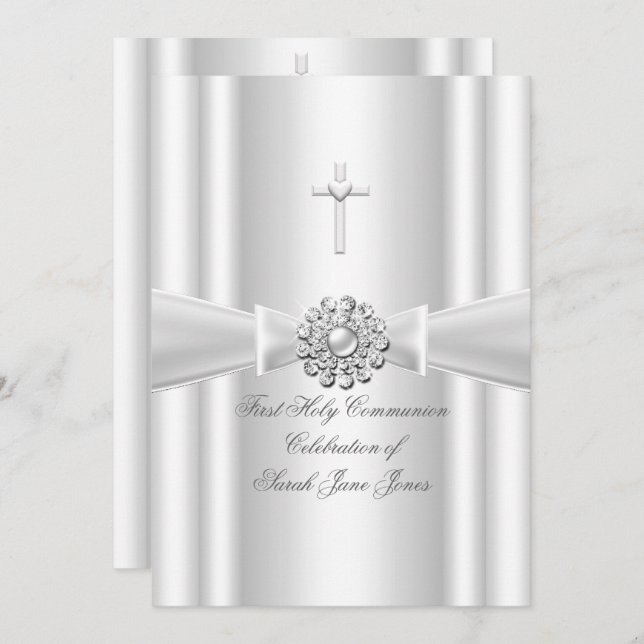 Girl First Holy Communion White Silver Einladung (Vorne/Hinten)