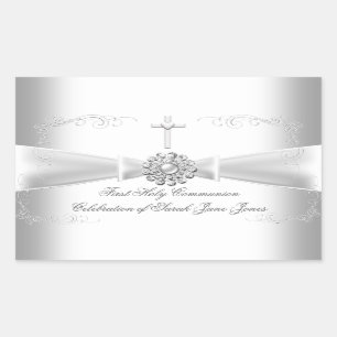 Girl First Holy Communion White Silver Rechteckiger Aufkleber