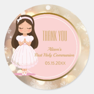 Girl First Holy Communion Winter Pink Gold Bokeh Runder Aufkleber