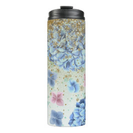 *~* Girl-Floral Blue Pink Hydrangea-Glitzer Thermosbecher