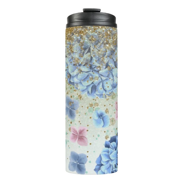 *~* Girl-Floral Blue Pink Hydrangea-Glitzer Thermosbecher (Vorderseite)