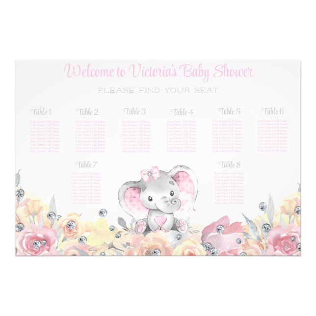Girl Floral Elephant Baby Shower Seekarte Fotodruck (Vorne)