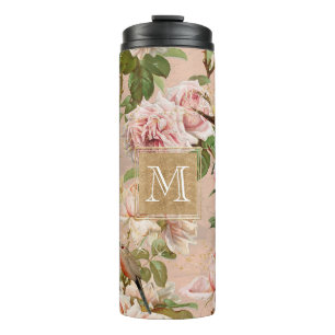 Girl Floral Gold Glitzer Vintag Chic Dusty Pink Thermosbecher