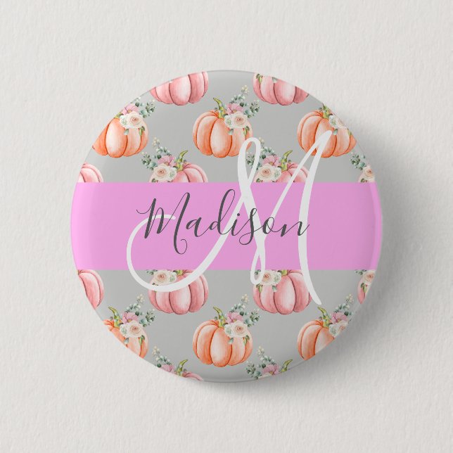 Girl Floral Grau Pink Peach Pumpkin Monogram Name Button (Vorderseite)