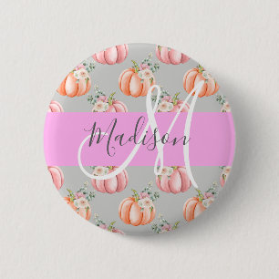 Girl Floral Grau Pink Peach Pumpkin Monogram Name Button