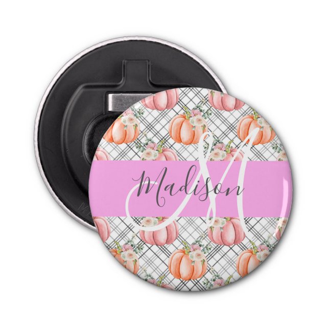 Girl Floral Grau Pink Peach Pumpkin Monogram Name Flaschenöffner (Vorderseite)