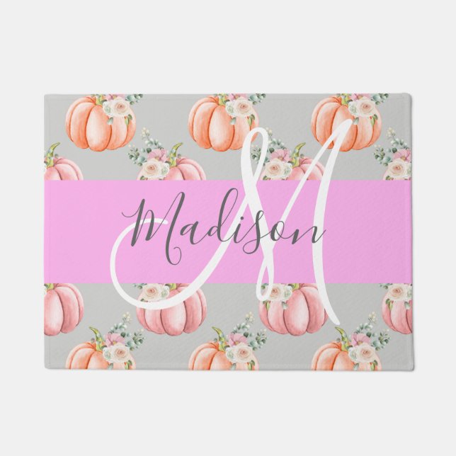 Girl Floral Grau Pink Peach Pumpkin Monogram Name Fußmatte (Vorderseite)