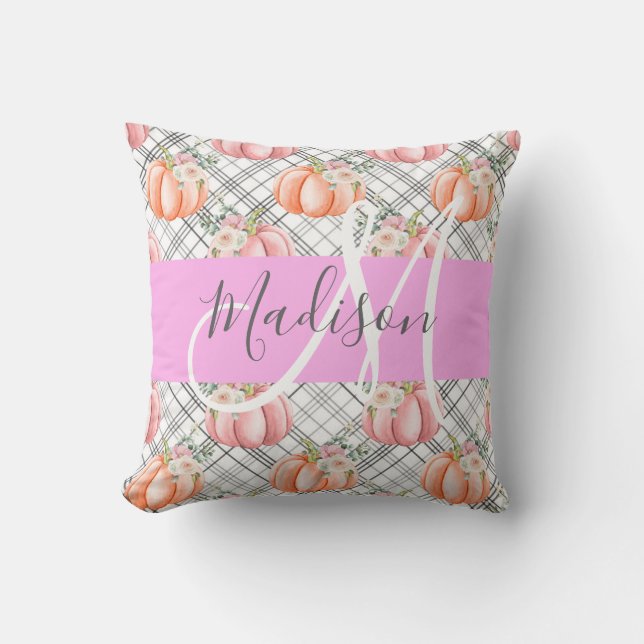 Girl Floral Grau Pink Peach Pumpkin Monogram Name Kissen (Vorderseite)