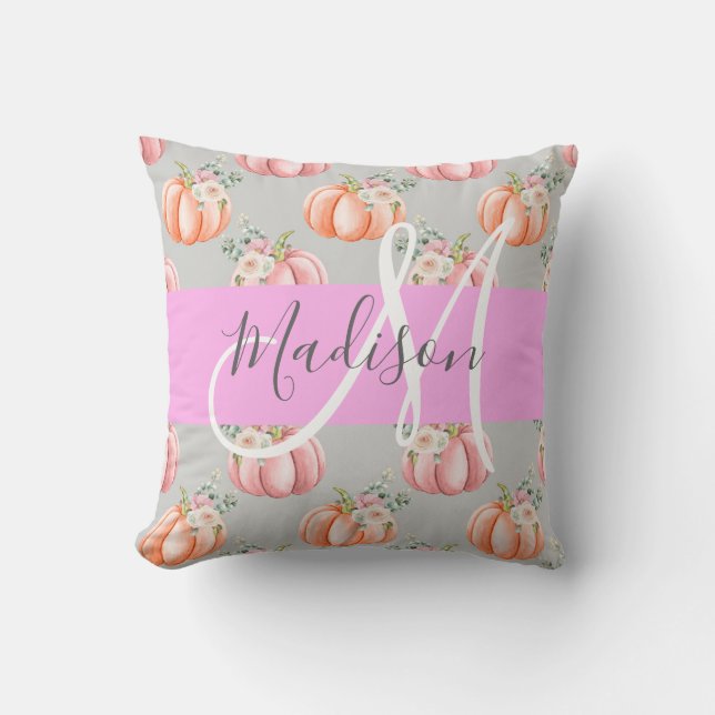 Girl Floral Grau Pink Peach Pumpkin Monogram Name Kissen (Vorderseite)