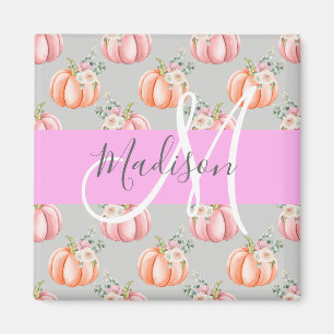 Girl Floral Grau Pink Peach Pumpkin Monogram Name Magnet