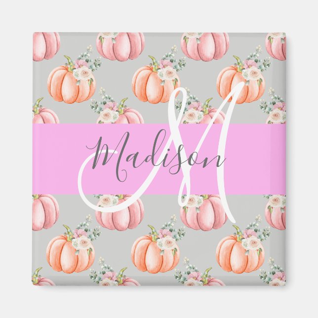 Girl Floral Grau Pink Peach Pumpkin Monogram Name Magnet (Vorne)