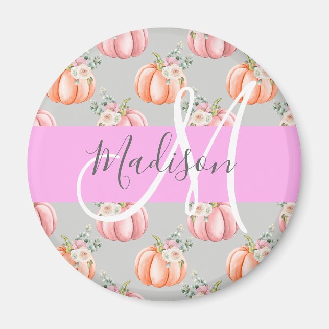 Girl Floral Grau Pink Peach Pumpkin Monogram Name Magnet (Vorne)