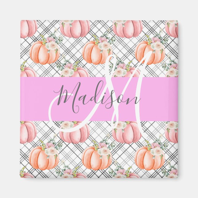 Girl Floral Grau Pink Peach Pumpkin Monogram Name Magnet (Vorne)