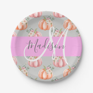 Girl Floral Grau Pink Peach Pumpkin Monogram Name Pappteller