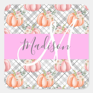 Girl Floral Grau Pink Peach Pumpkin Monogram Name Quadratischer Aufkleber