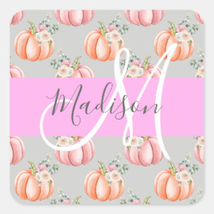 Girl Floral Grau Pink Peach Pumpkin Monogram Name Quadratischer Aufkleber