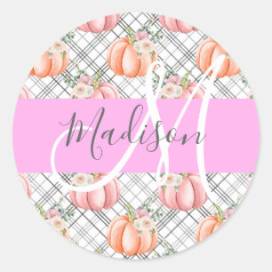 Girl Floral Grau Pink Peach Pumpkin Monogram Name Runder Aufkleber