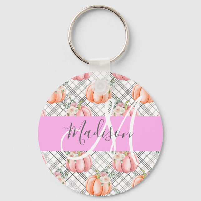 Girl Floral Grau Pink Peach Pumpkin Monogram Name Schlüsselanhänger (Vorderseite)