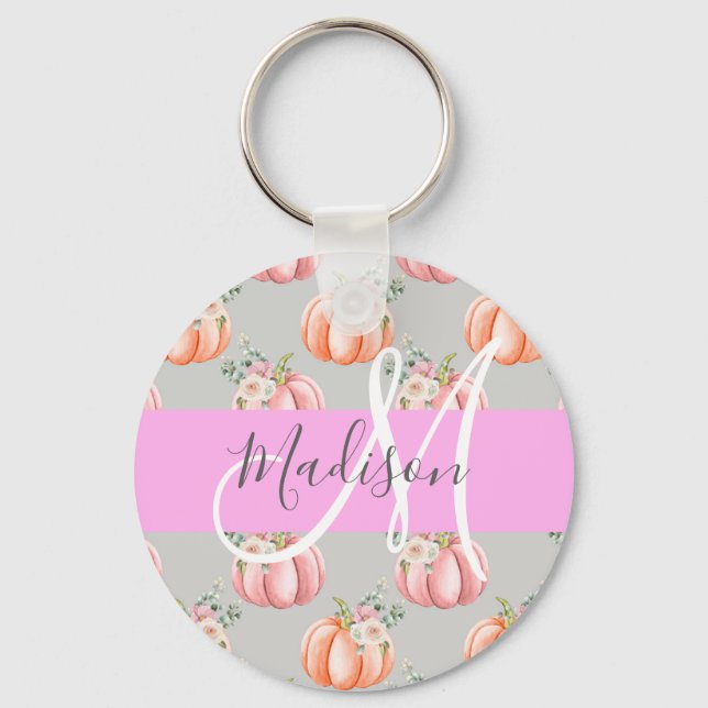 Girl Floral Grau Pink Peach Pumpkin Monogram Name Schlüsselanhänger (Vorderseite)
