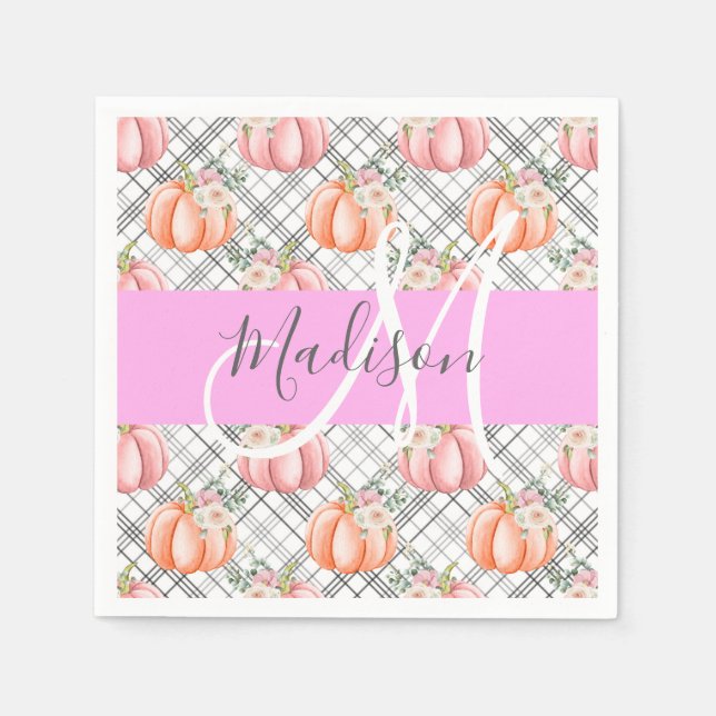 Girl Floral Grau Pink Peach Pumpkin Monogram Name Serviette (Vorderseite)