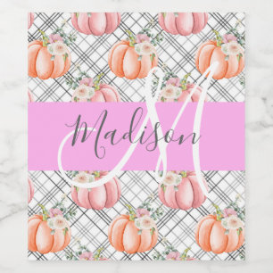 Girl Floral Grau Pink Peach Pumpkin Monogram Name Weinetikett