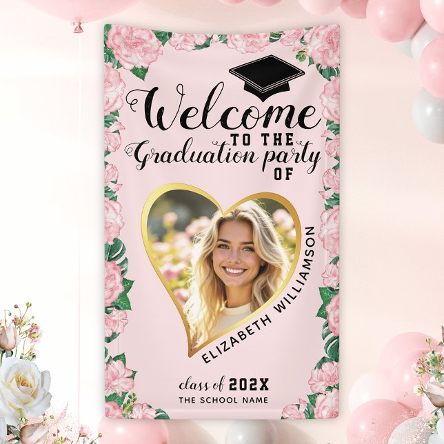 Girl Floral Pink Abschluss Custom Foto Willkommen Banner (Von Creator hochgeladen)