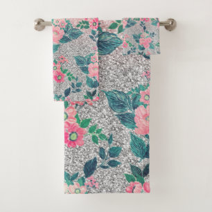 Girl Floral & Pink Silver Ombre Glitzer Design Badhandtuch Set