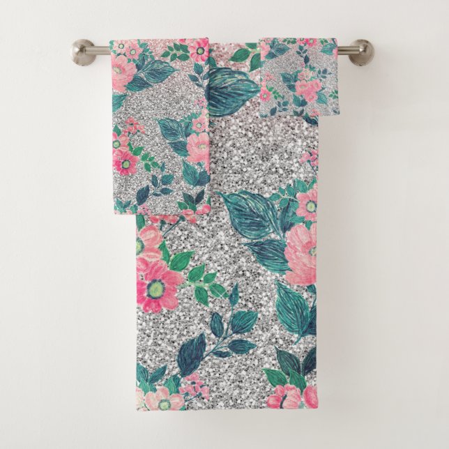 Girl Floral & Pink Silver Ombre Glitzer Design Badhandtuch Set (Insitu)