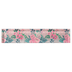 Girl Floral & Pink Silver Ombre Glitzer Design Namensplakette