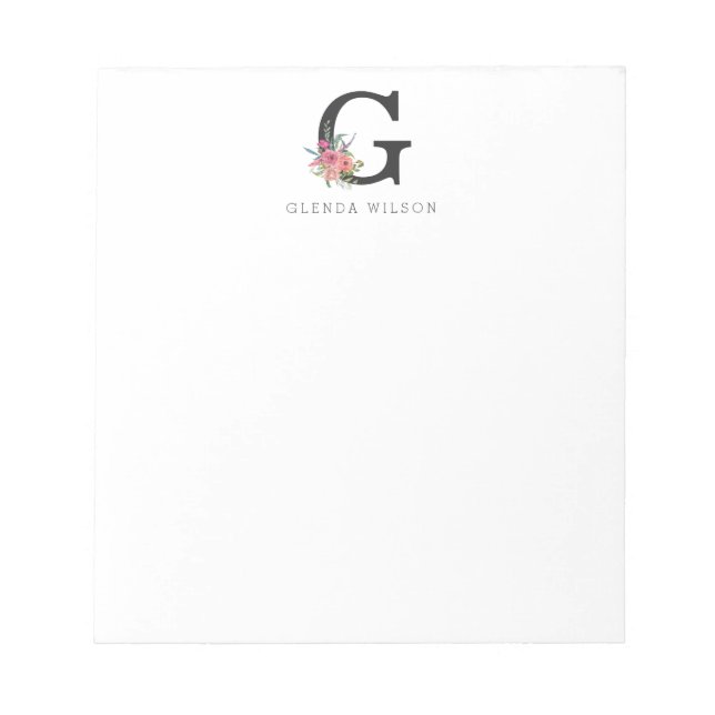 Girl Floral Watercolor Boho Pink Rose Monogram Notizblock (Vorderseite)