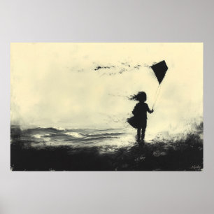 Girl Flying Kite on the Shore at Dusk - Kohle Poster