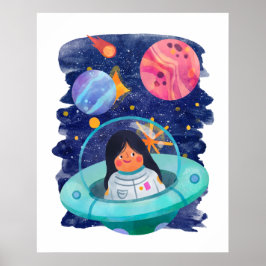Girl Flying Sauser Astronaut Weltraumplaneten Poster