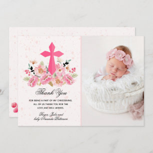 Girl Foto Christening Watercolor Pink Floral Dankeskarte