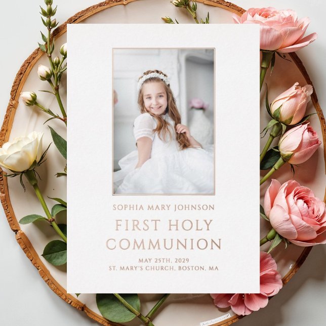 Girl Foto Erste Rose der heiligen Kommune Gold Folieneinladung (Girl Photo First Holy Communion Rose Gold Foil Invitation)