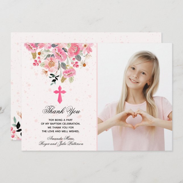 Girl Foto Watercolor Pink Blume Taufe Dankeskarte